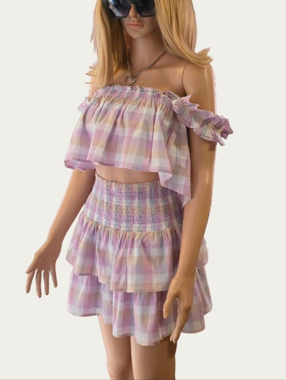 MABLE Pastel Plaid Ruffle Two Piece Skirt Set Medium EUC